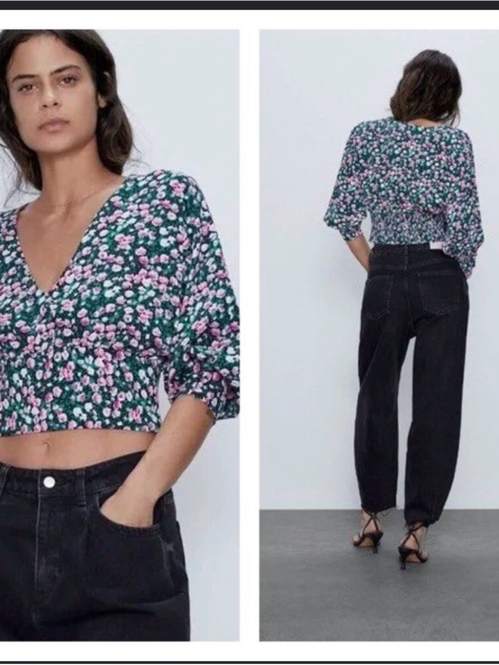 Zara Floral Puff-Sleeve Cropped Top small